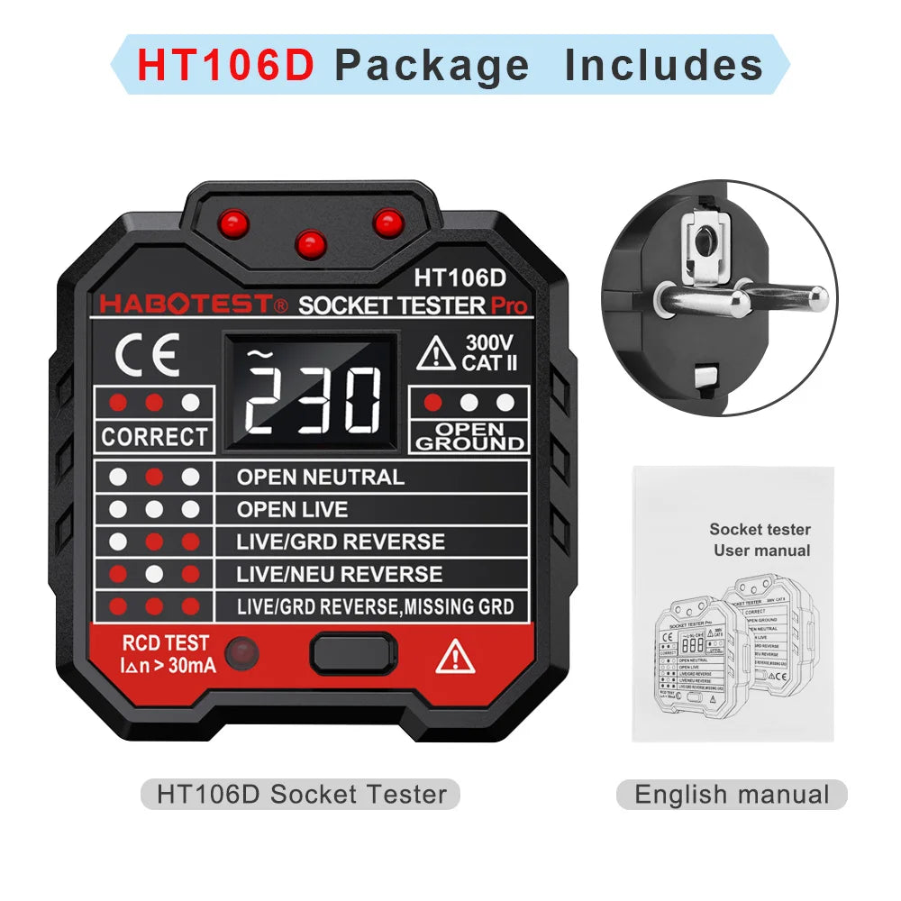 HT107 Digital Socket Tester with RCD Test Function
