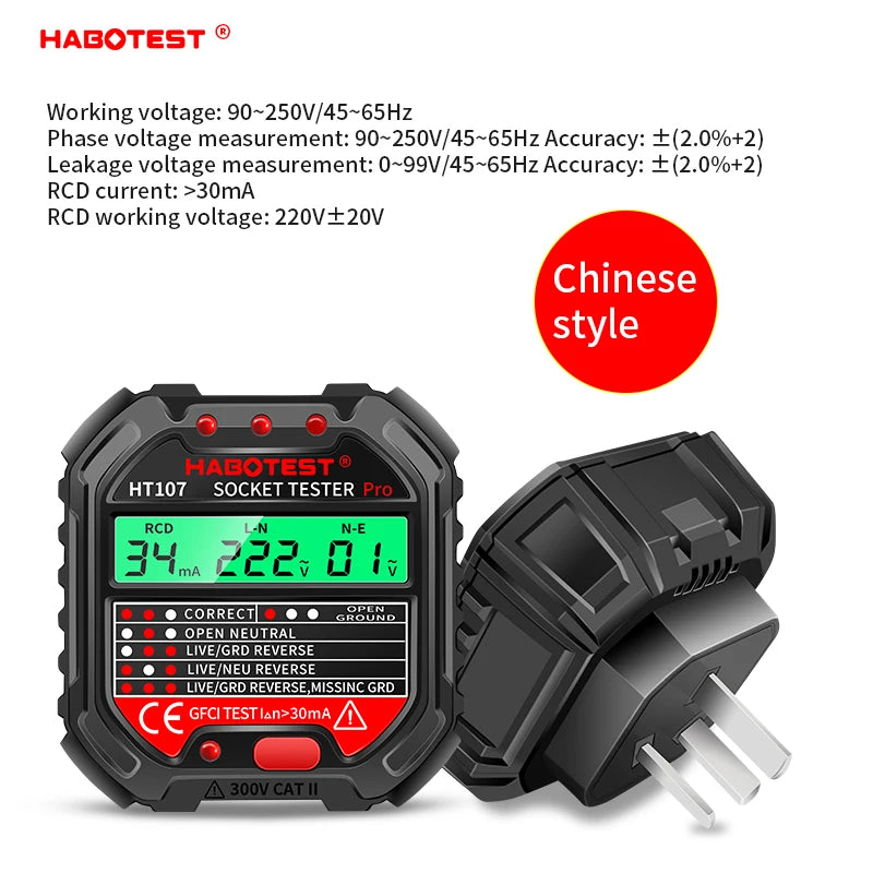 HT107 Digital Socket Tester with RCD Test Function