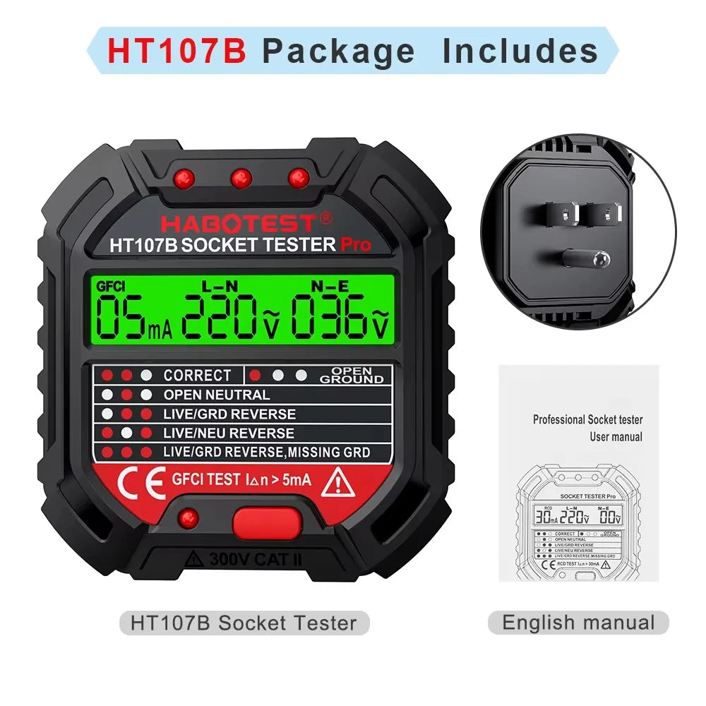HT107 Digital Socket Tester with RCD Test Function