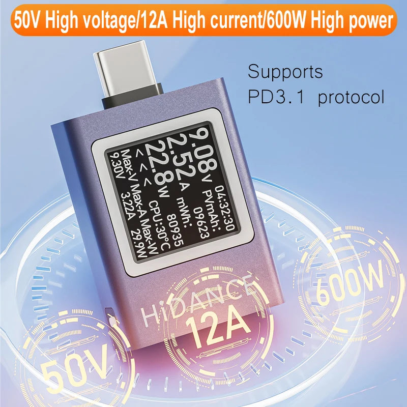 13-in-1 USB-C PD3.1 Power Meter & Fast Charging Tester (4.5–50V, 12A)
