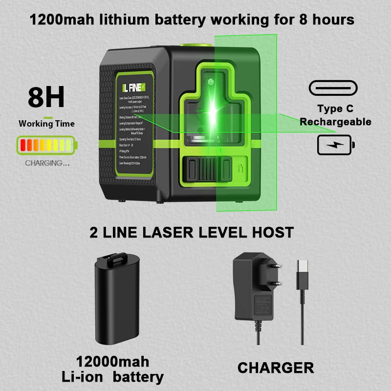 Lfine 360° Self-Levelling Green Laser Level – 2-Line Cross Laser