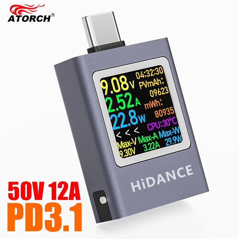 13-in-1 USB-C PD3.1 Power Meter & Fast Charging Tester (4.5–50V, 12A)