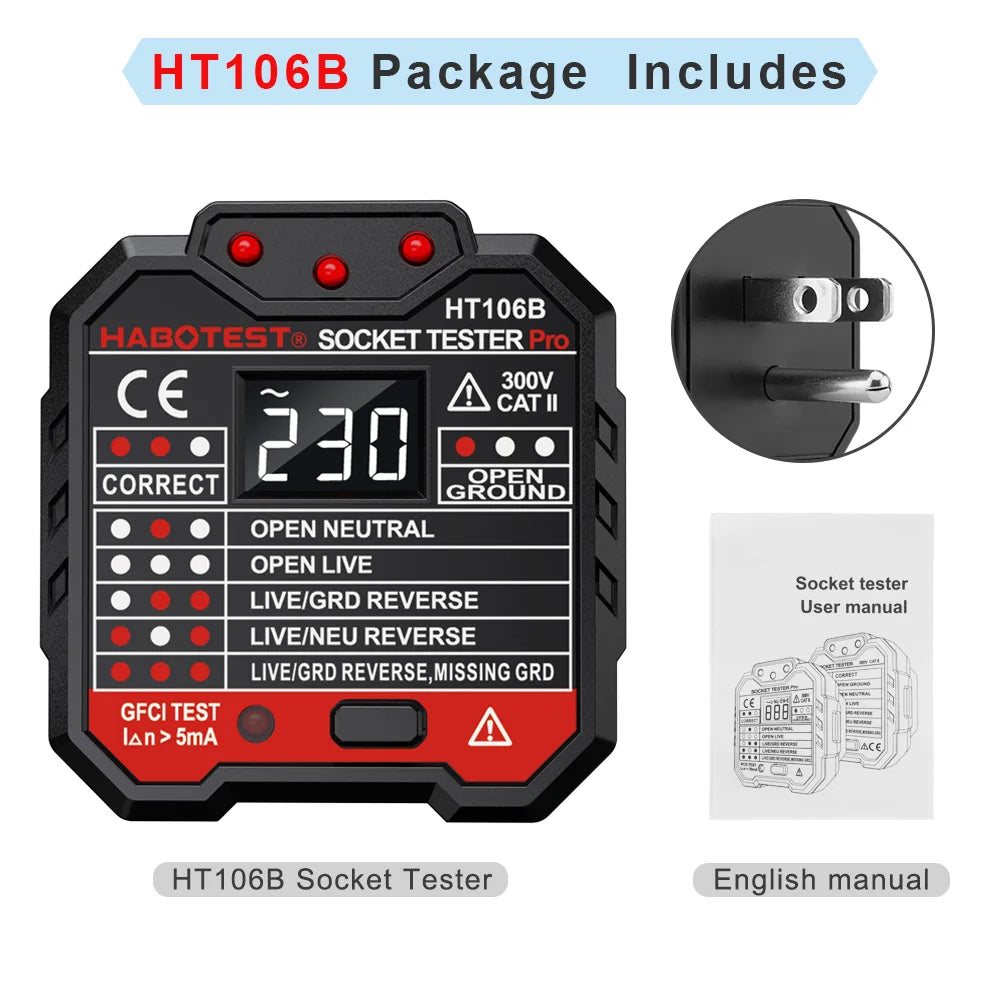 HT107 Digital Socket Tester with RCD Test Function
