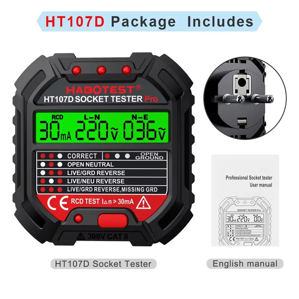 HT107 Digital Socket Tester with RCD Test Function