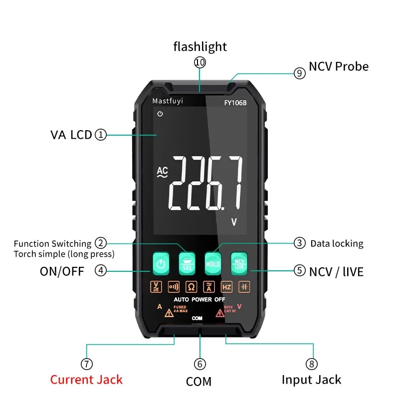 MASTFUYI Smart Mini Digital Multimeter – Professional AC/DC Electrical Tester