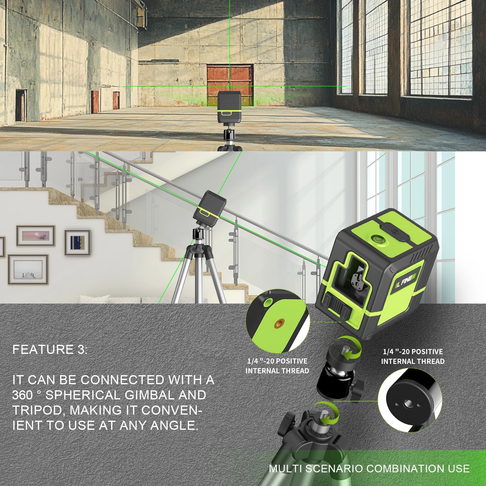 Lfine 360° Self-Levelling Green Laser Level – 2-Line Cross Laser
