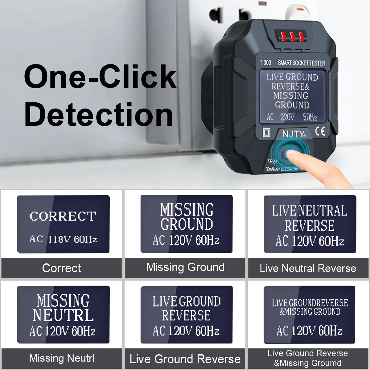 NJTY T003 Smart Socket Tester with LCD Display & RCD Safety Test