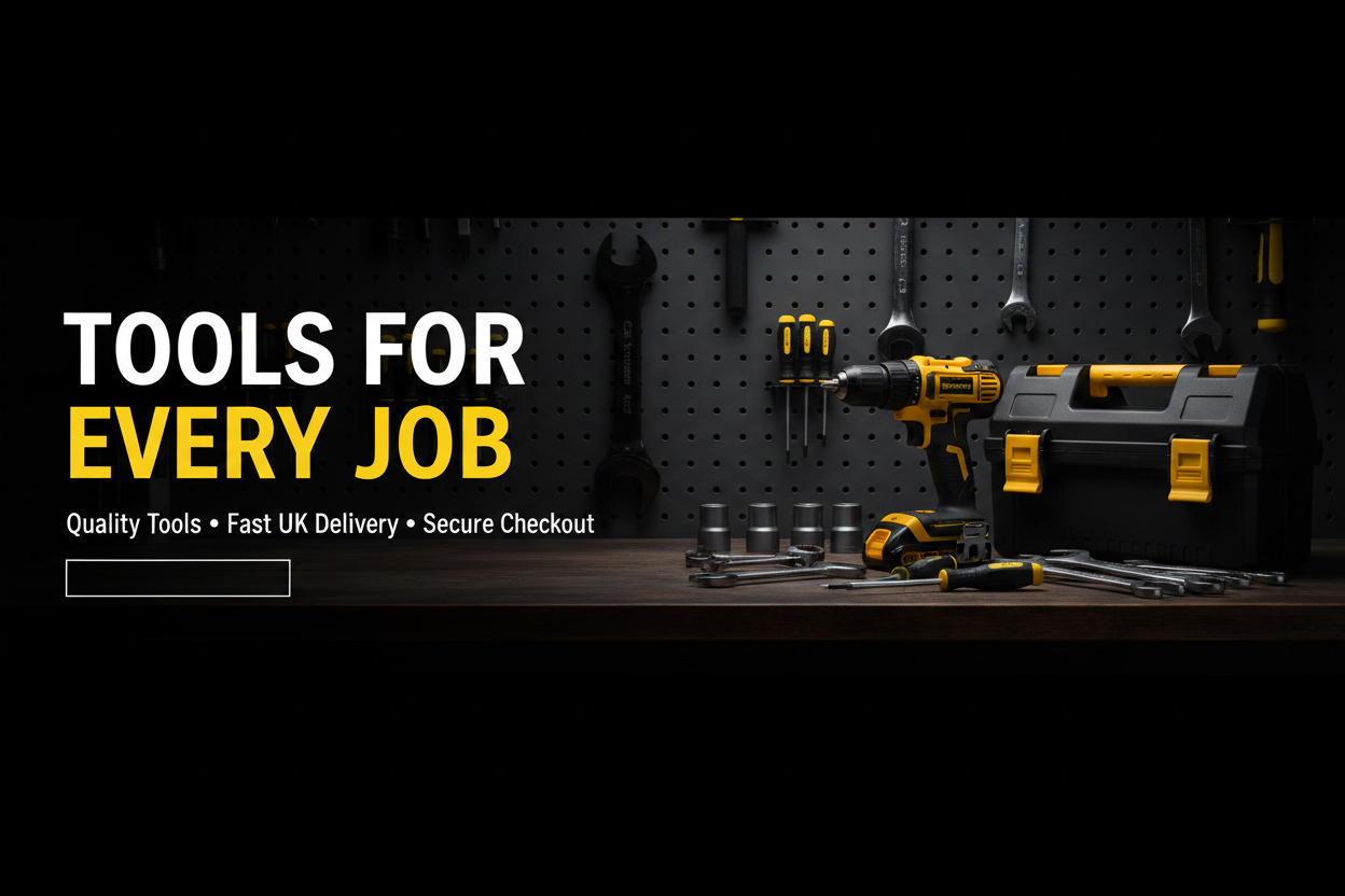 Create a premium website hero banner for "Mr Fix Tools". Show a modern workshop with professional hand tools neatly arranged on a workbench, a black and yellow toolbox, and a cordless drill. Use a dark, industrial style with black, grey and yellow accents. Include the large headline "TOOLS FOR EVERY JOB" and the smaller text "Quality Tools • Fast UK Delivery • Secure Checkout". Do not include any buttons, call-to-action boxes, or clickable elements in the image. Leave some open space for a website button to